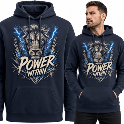 Bluza męska z kapturem - lew wśród błyskawic „Power within”