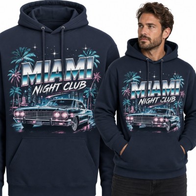 Bluza męska z kapturem - neonowe Miami „Miami Night Club” z klasycznym autem retro