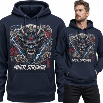 Bluza męska z kapturem - japoński demon oni z piwoniami i napisem „Inner Strength”
