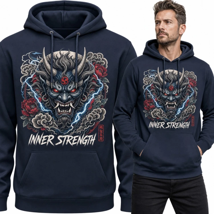 Bluza męska z kapturem - japoński demon oni z piwoniami i napisem „Inner Strength”
