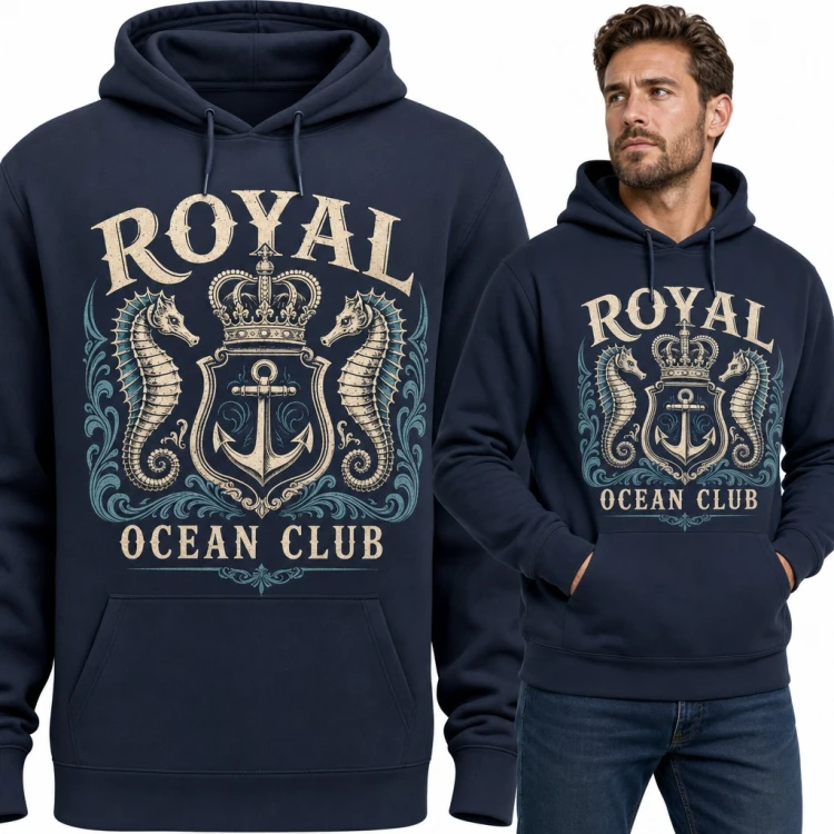 Bluza męska z kapturem - „Royal Ocean Club” herb z kotwicą i konikami morskimi