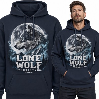 Bluza męska z kapturem - wilk na tle pełni i gór „Lone Wolf Society”