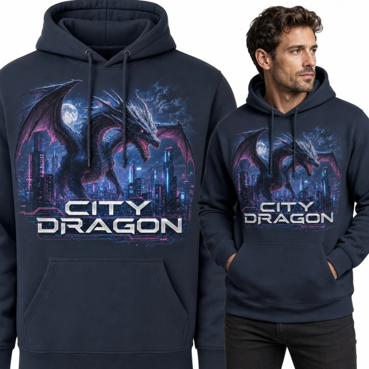 Bluza męska z kapturem - smok cyberpunk nad neonowym miastem „City Dragon”