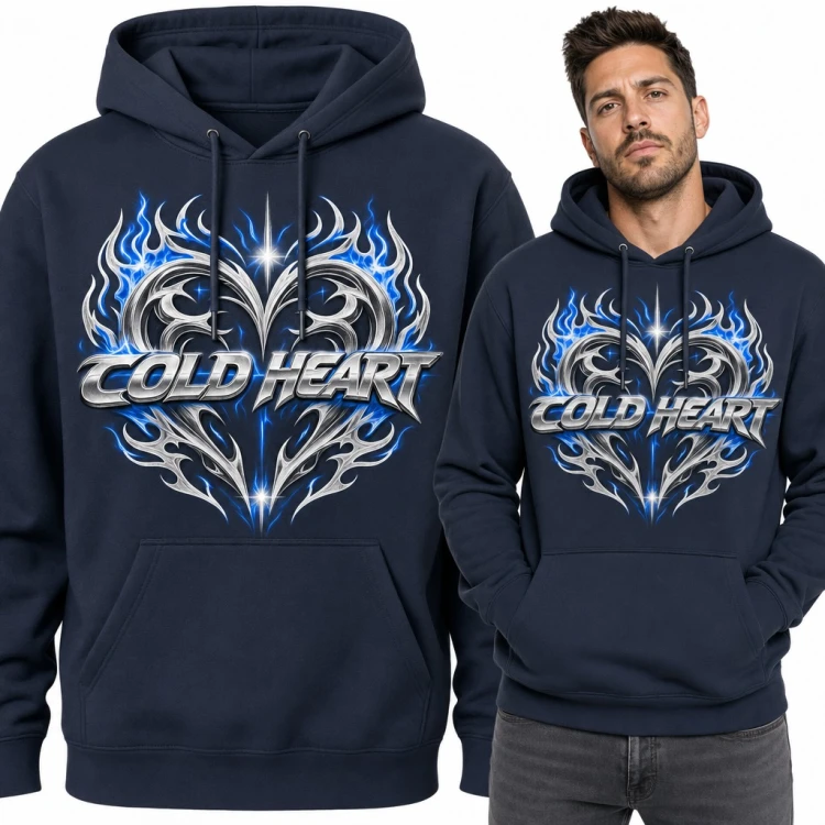 Bluza męska z kapturem - chromowane serce tribal z płomieniami „Cold Heart”