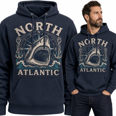 Bluza męska z kapturem - rekin „North Atlantic” z różą wiatrów i kotwicami