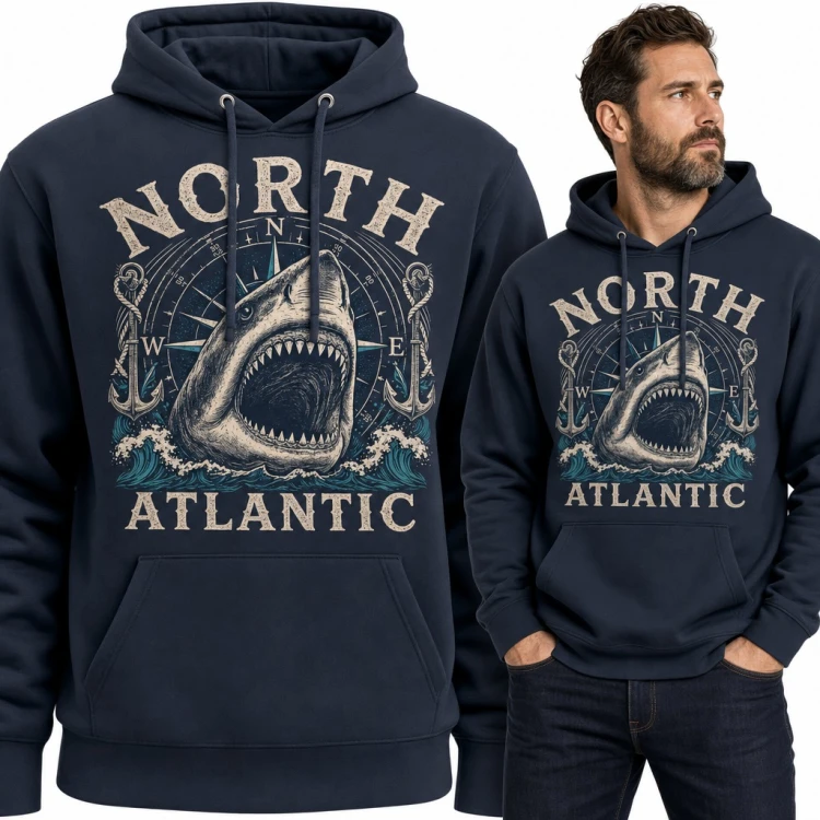 Bluza męska z kapturem - rekin „North Atlantic” z różą wiatrów i kotwicami