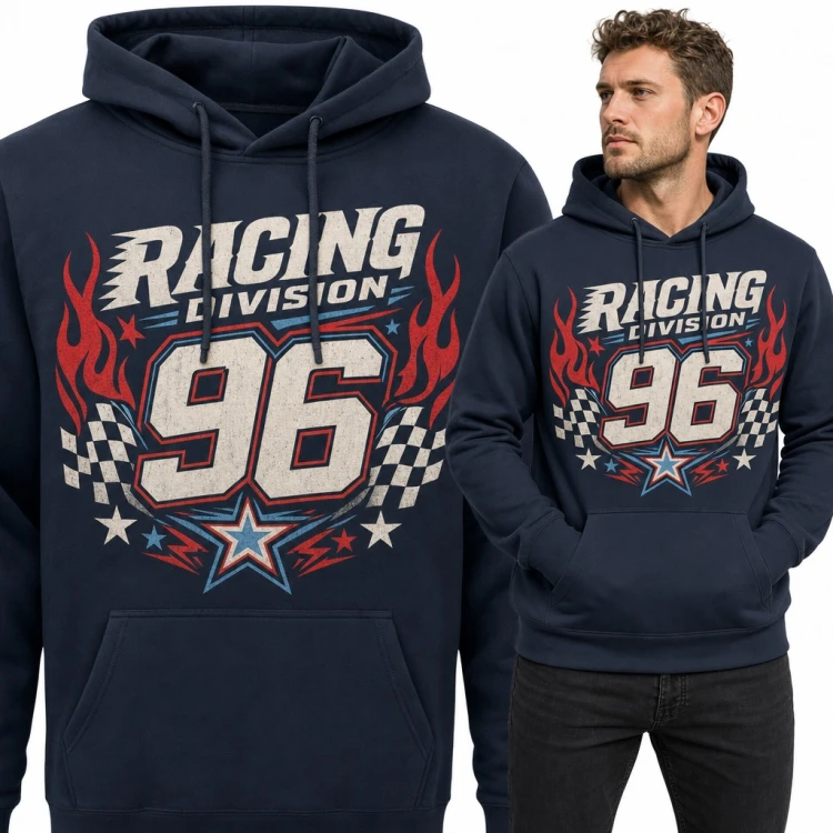 Bluza męska z kapturem „Racing Division 96” - wyścigowy numer z płomieniami i flagą w szachownicę