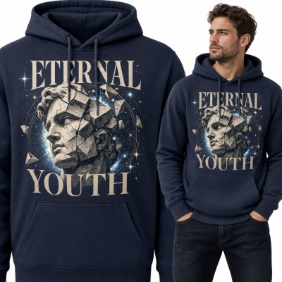 Bluza męska z kapturem - pęknięty antyczny posąg w kosmosie „Eternal Youth”