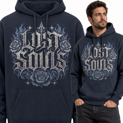 Bluza męska z kapturem - gotycki napis „Lost Souls” z niebieskimi różami
