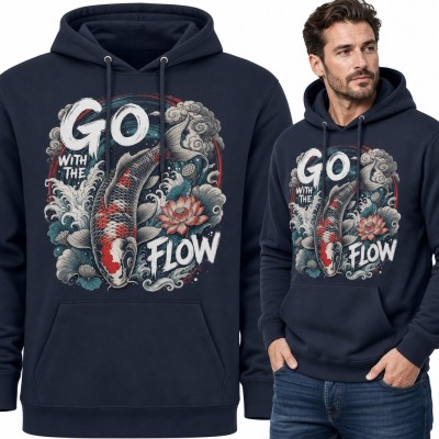 Bluza męska z kapturem - karp koi z lotosem i napisem „Go with the flow”