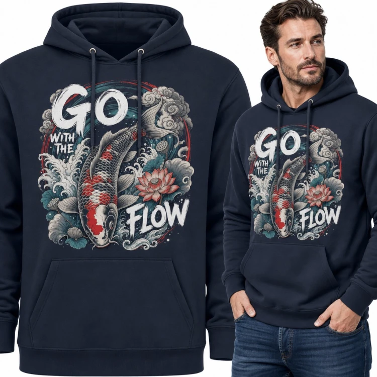 Bluza męska z kapturem - karp koi z lotosem i napisem „Go with the flow”