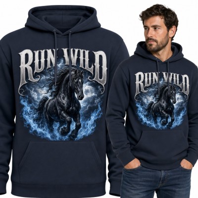 Bluza męska z kapturem - czarny koń w galopie i napis „Run Wild”