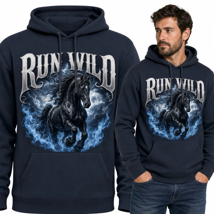 Bluza męska z kapturem - czarny koń w galopie i napis „Run Wild”