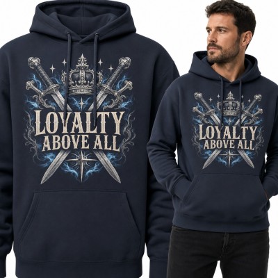 Bluza męska z kapturem - rycerski herb z mieczami „Loyalty above all”