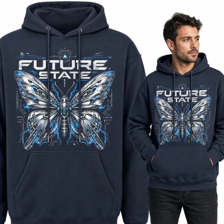 Bluza męska z kapturem - stalowy motyl cyborg z wyładowaniami „Future State”