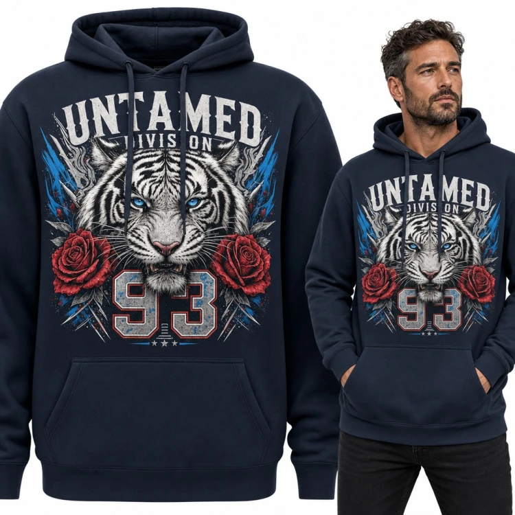 Bluza męska z kapturem - biały tygrys z różami i numerem 93 „Untamed Division”