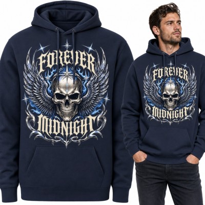 Bluza męska z kapturem - czaszka ze skrzydłami i napis „Forever Midnight” w stylu gotyckim