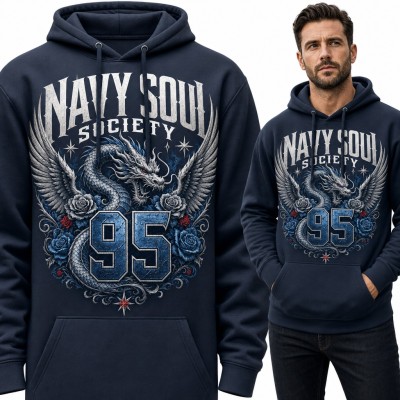 Bluza męska z kapturem - skrzydlaty smok z różami i numerem 95 „Navy Soul Society”