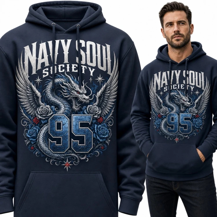 Bluza męska z kapturem - skrzydlaty smok z różami i numerem 95 „Navy Soul Society”