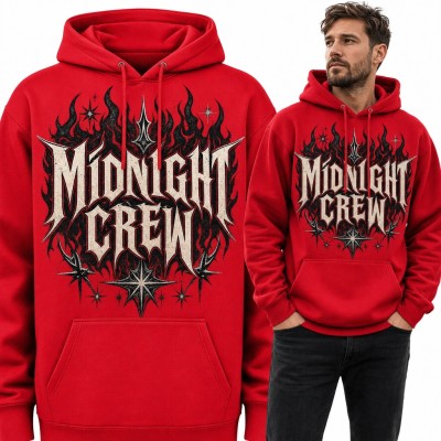 Bluza męska z kapturem - „Midnight Crew” metalowy napis w płomieniach i gwiazdach
