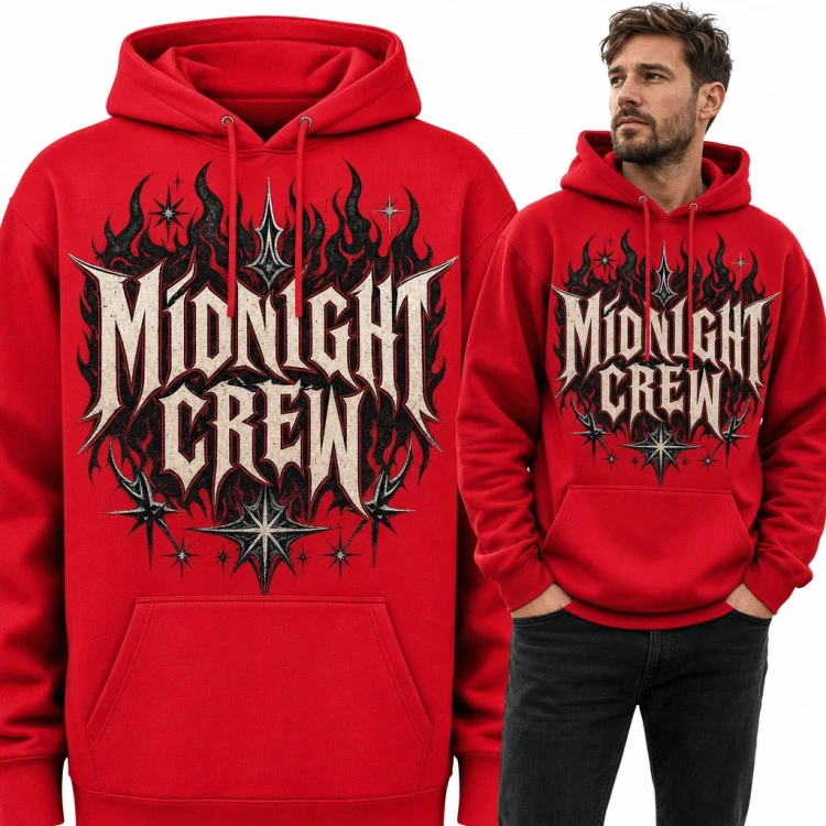 Bluza męska z kapturem - „Midnight Crew” metalowy napis w płomieniach i gwiazdach
