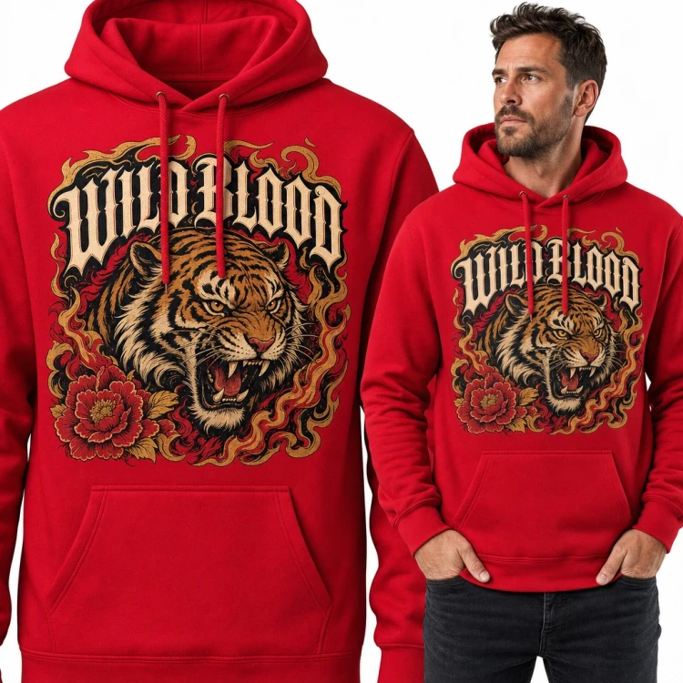 Bluza męska z kapturem - ryczący tygrys w płomieniach z piwonią „Wild Blood”