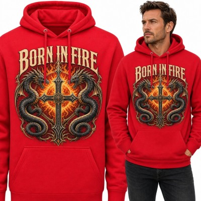 Bluza męska z kapturem - dwa smoki i gotycki krzyż „Born in Fire”