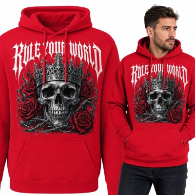 Bluza męska z kapturem - czaszka w koronie z różami i drutem kolczastym „Rule your world”