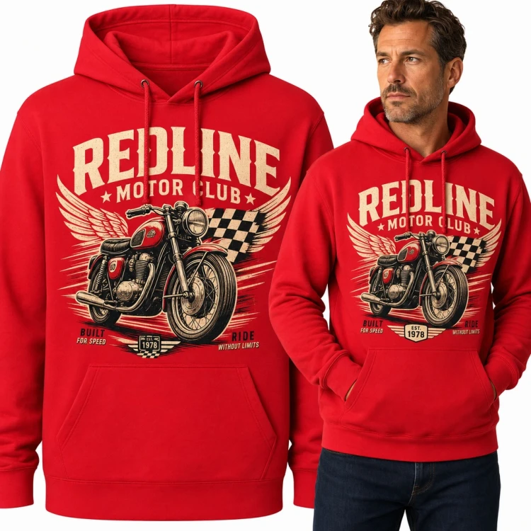 Bluza męska z kapturem „Redline Motor Club” - retro motocykl ze skrzydłami dla motocyklisty