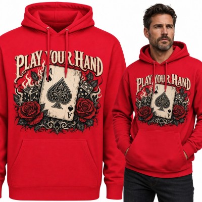 Bluza męska z kapturem - as pik, kości i róże „Play your hand” dla pokerzysty