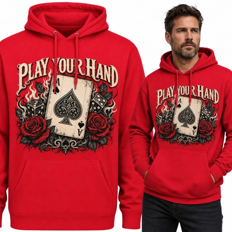 Bluza męska z kapturem - as pik, kości i róże „Play your hand” dla pokerzysty