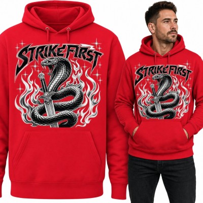Bluza męska z kapturem - kobra z mieczem w płomieniach „Strike First”