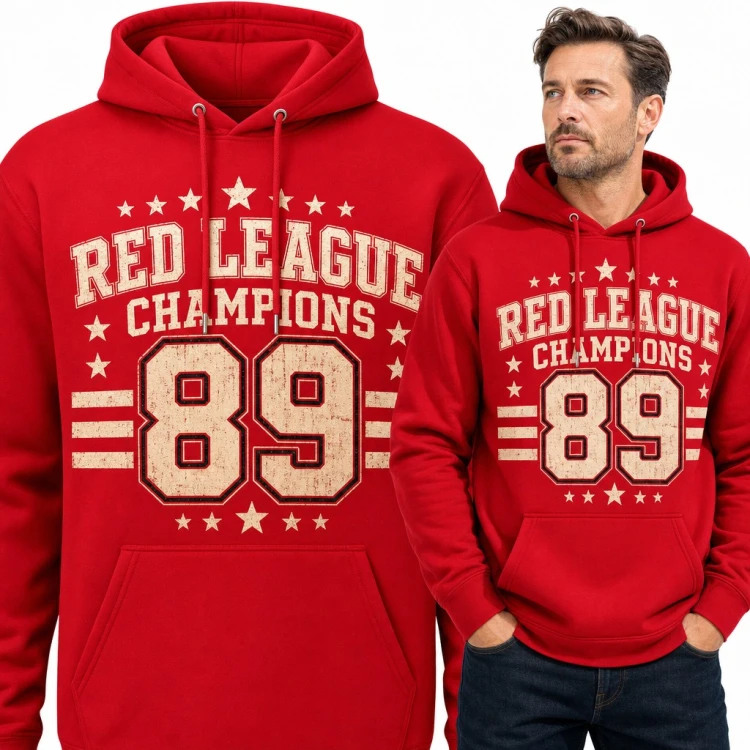 Bluza męska z kapturem - „Red League Champions 89” w stylu varsity z gwiazdami