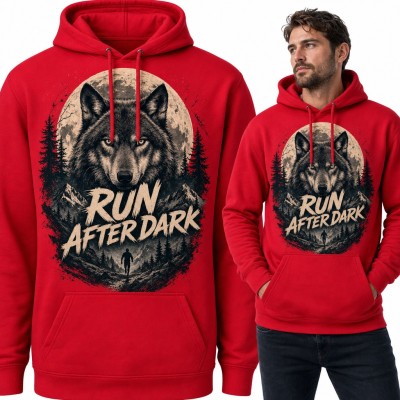 Bluza męska z kapturem - wilk, pełnia i biegacz w lesie „Run after dark”