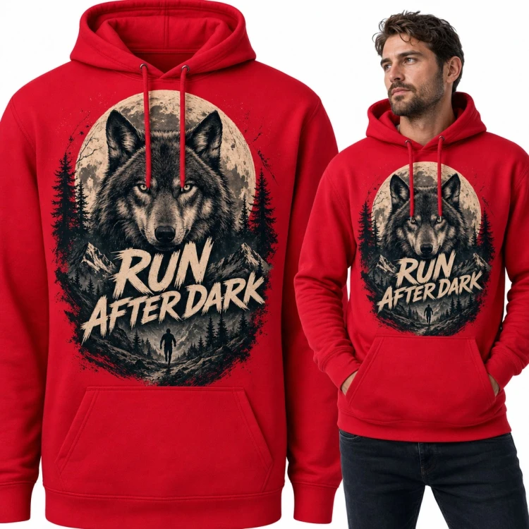 Bluza męska z kapturem - wilk, pełnia i biegacz w lesie „Run after dark”