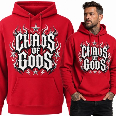 Bluza męska z kapturem „Chaos of Gods” - metalowy napis w płomieniach i gwiazdach