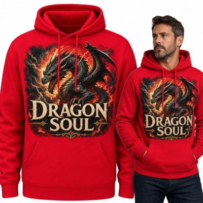 Bluza męska z kapturem - czarny smok w płomieniach „Dragon Soul”