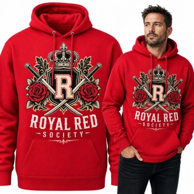 Bluza męska z kapturem - herb z koroną, mieczami i różami „Royal Red Society”