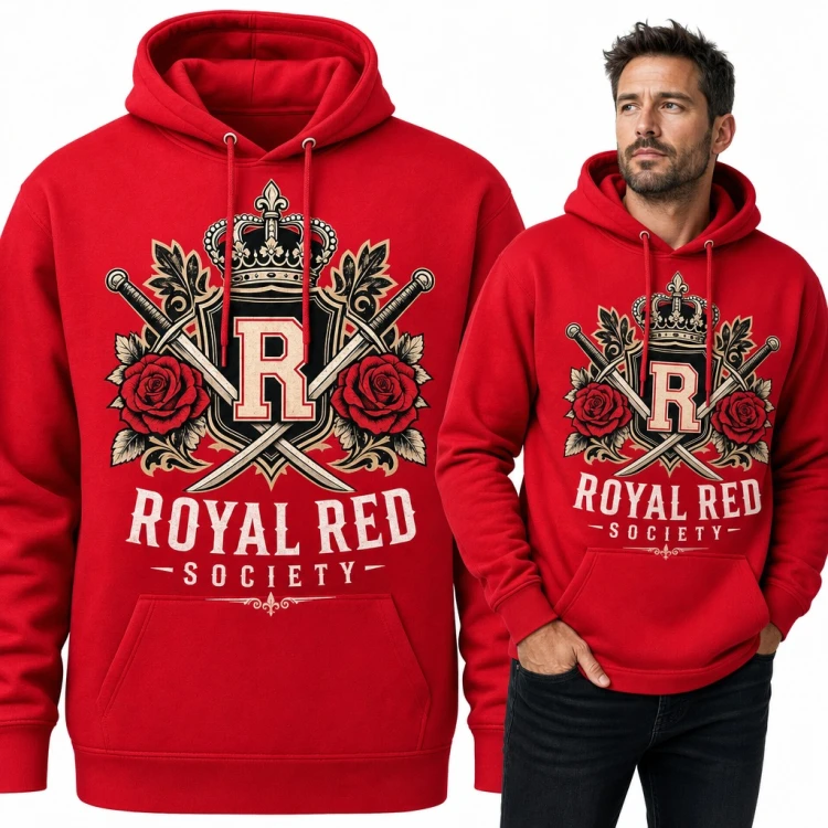 Bluza męska z kapturem - herb z koroną, mieczami i różami „Royal Red Society”