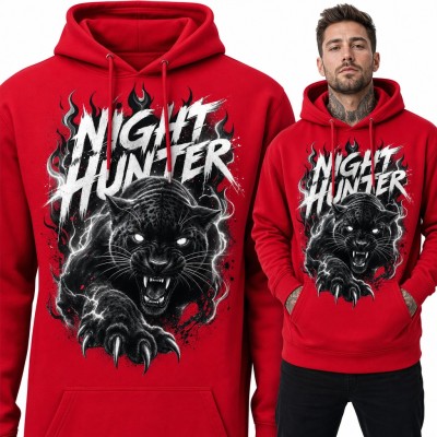 Bluza męska z kapturem - czarna pantera i napis „Night Hunter” w błyskawicach
