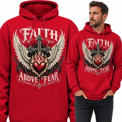 Bluza męska z kapturem „Faith above fear” - krzyż ze skrzydłami i płonącym sercem