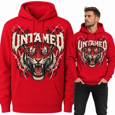Bluza męska z kapturem - ryczący tygrys z piorunami i napisem „Untamed”