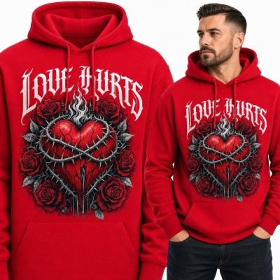 Bluza męska z kapturem - pęknięte serce w cierniach i róże „Love hurts”