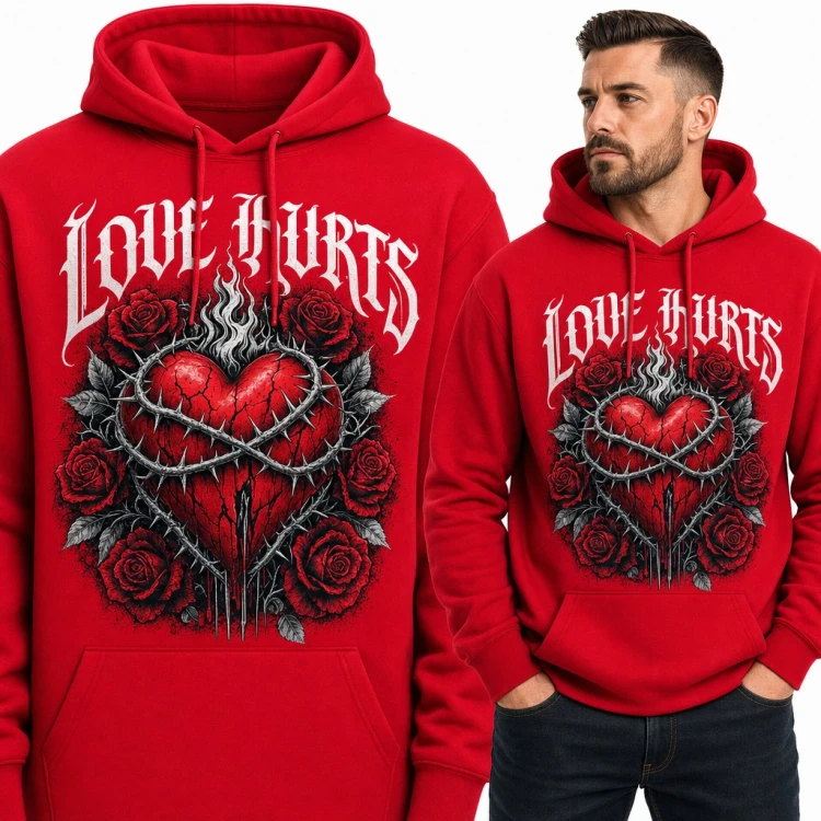 Bluza męska z kapturem - pęknięte serce w cierniach i róże „Love hurts”