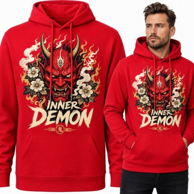 Bluza męska z kapturem „Inner Demon” - japońska maska oni w płomieniach