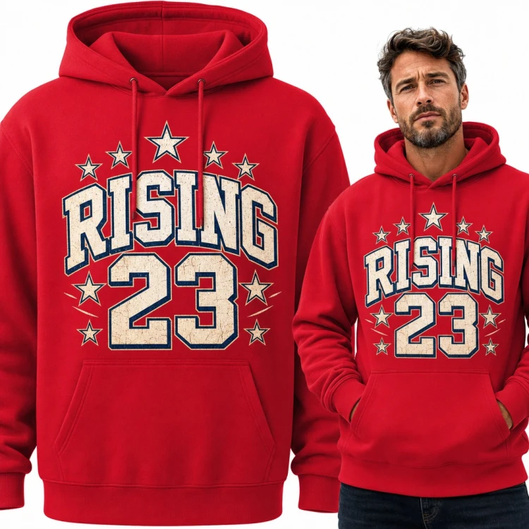 Bluza męska z kapturem „Rising 23” - napis varsity z gwiazdami