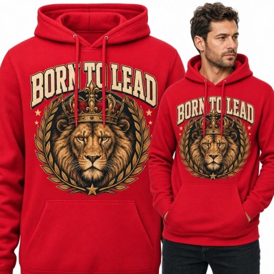 Bluza męska z kapturem - lew w koronie i wieńcu laurowym „Born to lead”
