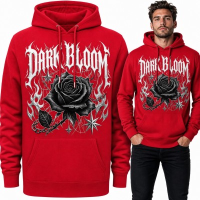 Bluza męska z kapturem - czarna róża „Dark Bloom” w gotyckim metalowym stylu