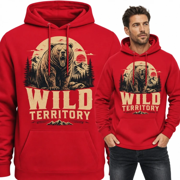 Bluza męska z kapturem - ryczący grizzly w górach „Wild Territory”