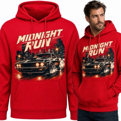 Bluza męska z kapturem - „Midnight Run” z czarnym muscle carem w nocnym mieście